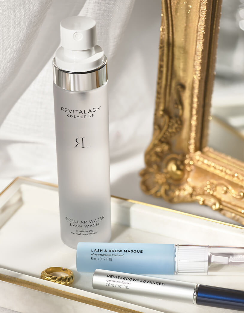 Product lifestyle of Micellar Water Lash Wash on a cosmetic tray